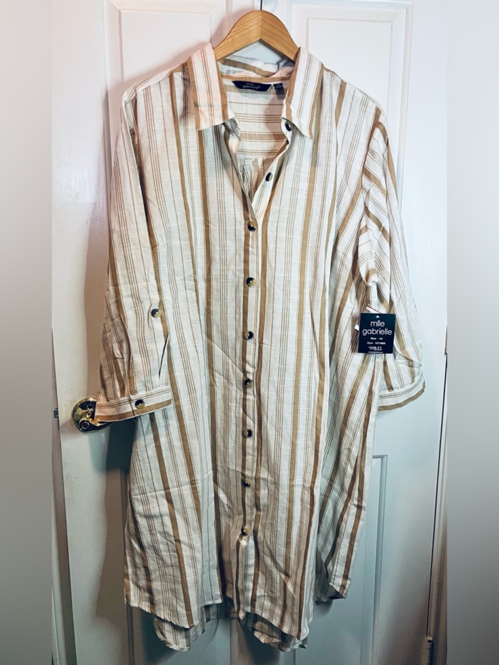 NWT Mlle Gabrielle Striped Button-Front Cotton Shirtdress Beige & White Sz 3X